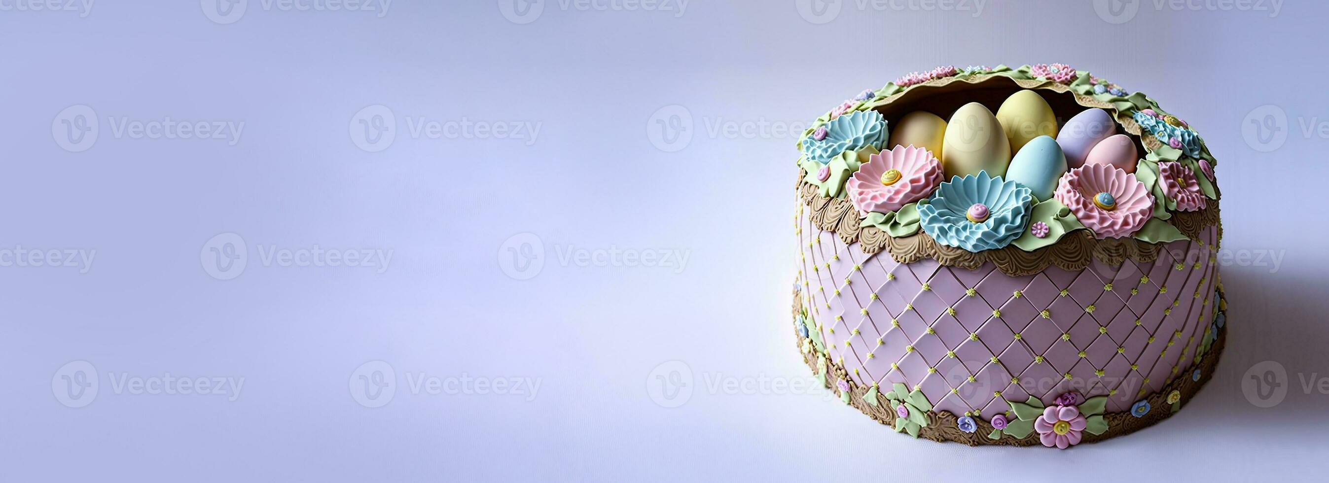 3D Render of Pastel Color Egg And Flowers Decorative Cake Against Purple Background And Copy Space. Happy Easter Concept. photo
