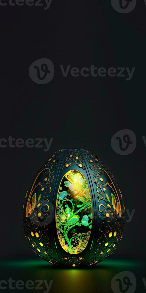 3D Render of Illuminate Floral Egg Against Dark Background And Copy Space. Easter Concept. photo