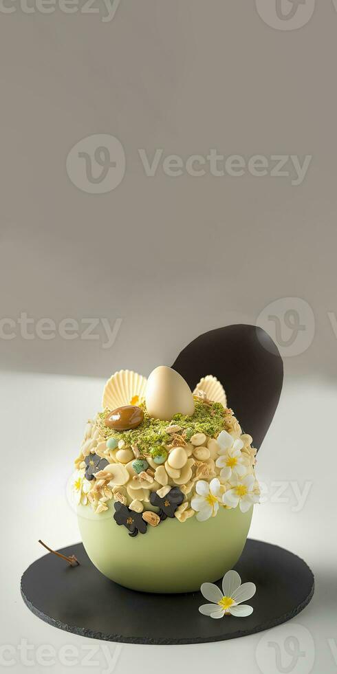 3D Render Of Olive Green Floral Egg On Grey Background And Copy Space. Easter Concept. photo