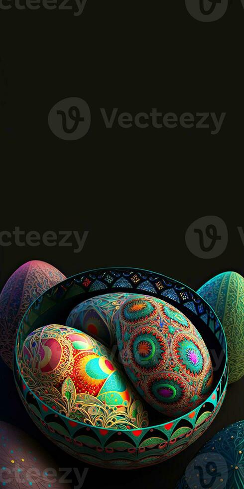 Colorful Floral Easter Eggs Basket On Dark Background And Copy Space. Happy Easter Day Vertical Template Or Standee Poster Design. photo