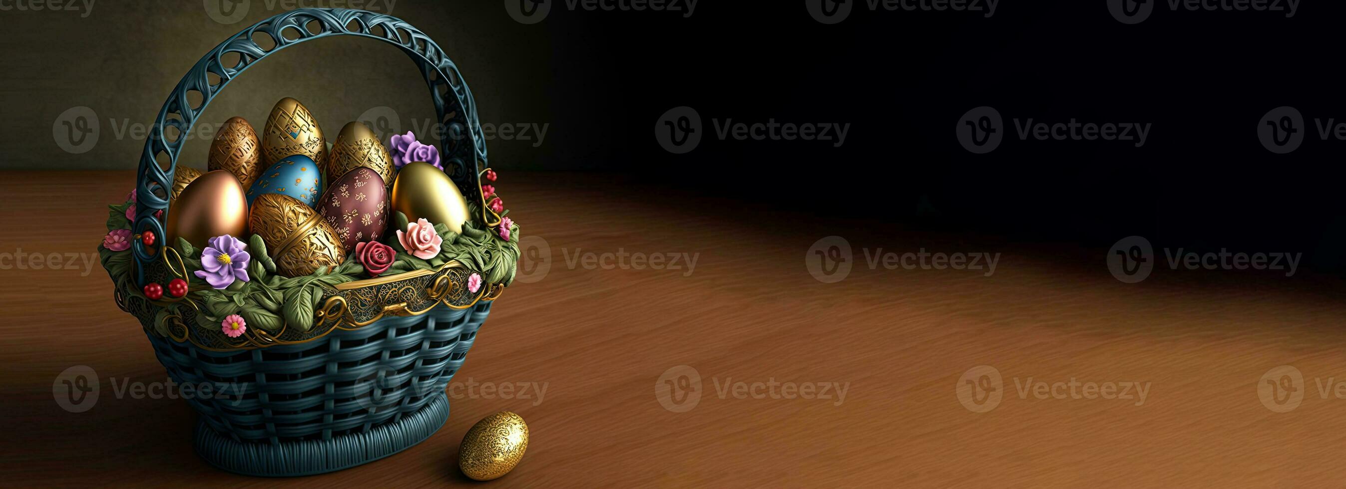 Easter Eggs With Flower In Basket On Brown Wooden Texture Background And Copy Space. Easter Day Concept. photo