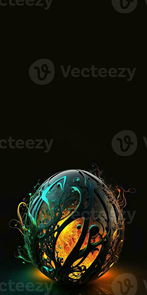 3D Render of Lit Floral Egg Against Dark Background And Copy Space. Easter Concept. photo