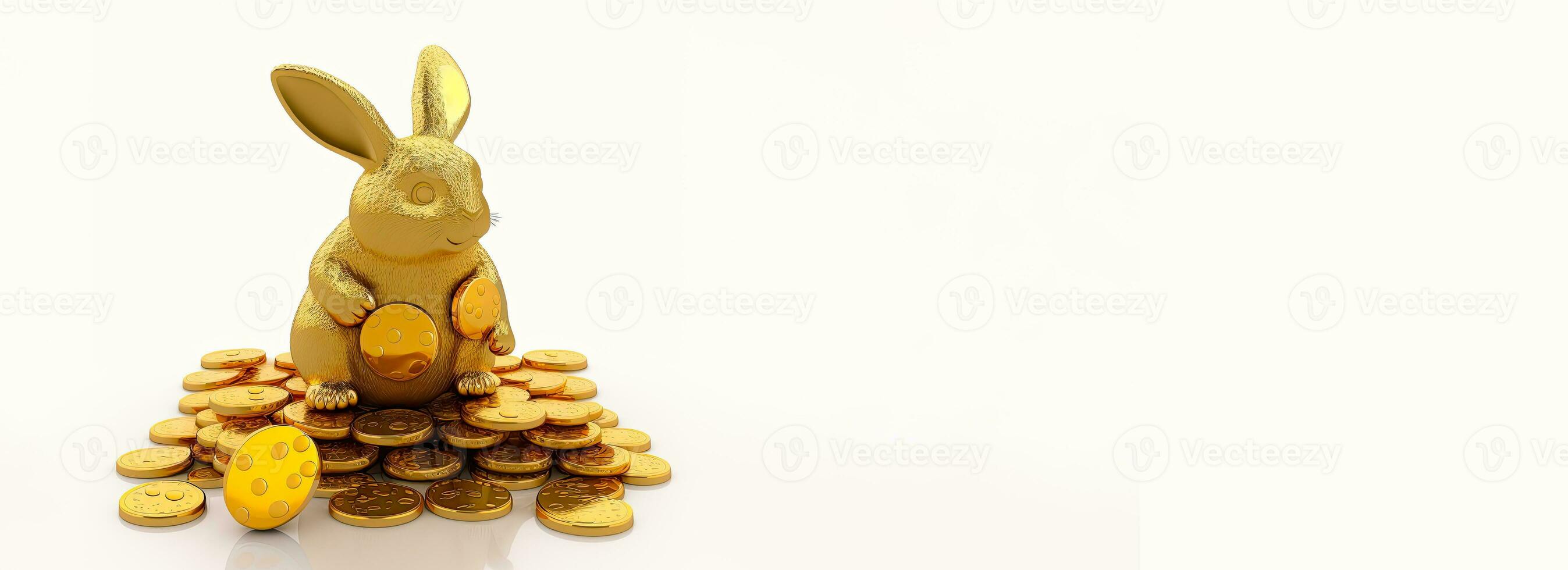 3D Render Of Cheerful Cute Golden Rabbit Character Sitting Gold Coins And Copy Space. photo