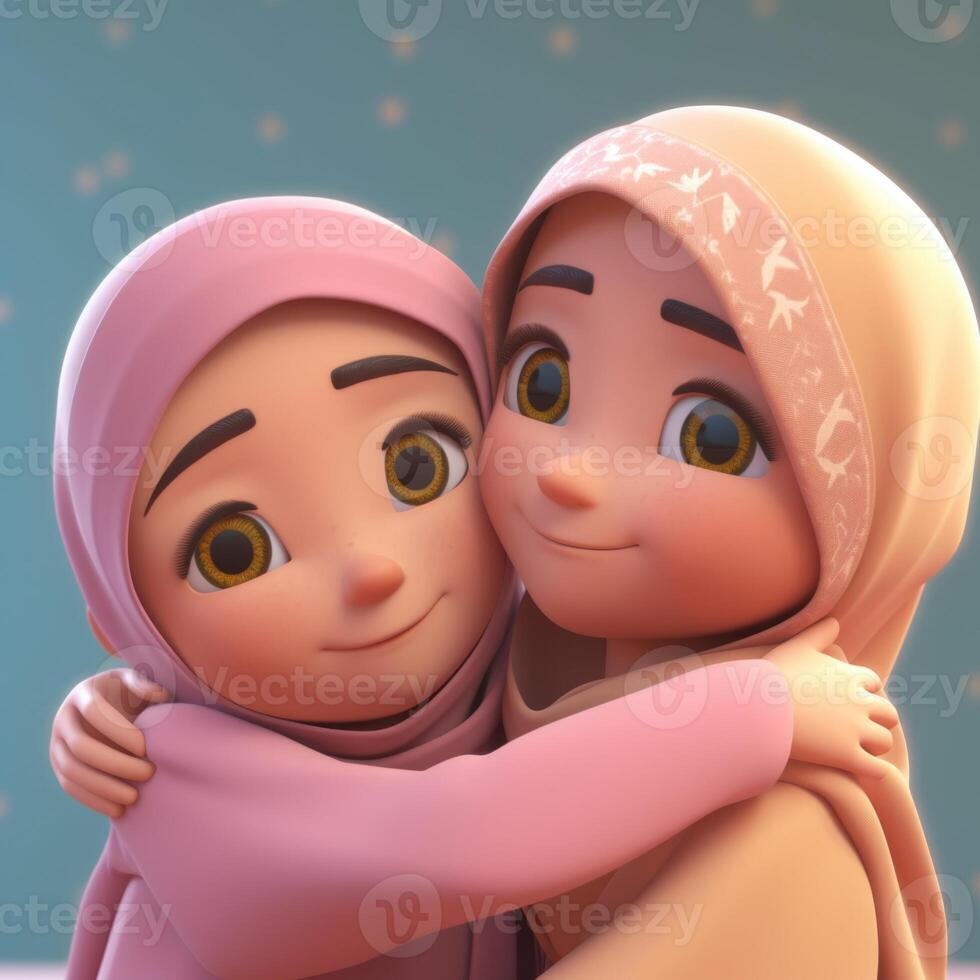 Adorable Cartoon Avatar of Muslim Girls Hugging And Wishing Each Other, Eid Mubarak Concept, Generative-AI Digital Illustration. photo