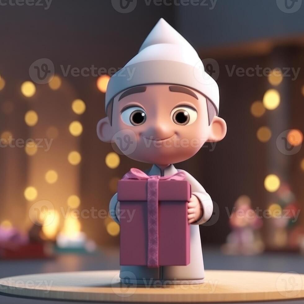 Disney Style Adorable Avatar of Muslim Boy Holding Gift Box. Eid Mubarak Concept, . photo