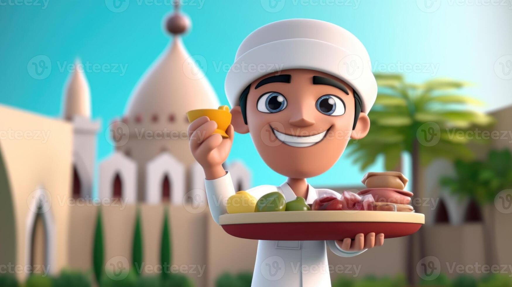 adorable dibujos animados avatar de musulmán hombre participación bandeja de tradicional alimento. eid Mubarak concepto, IA generativa digital ilustración. foto