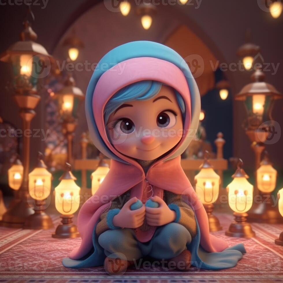 disney estilo adorable musulmán niña personaje vistiendo hijab y iluminado lamparas antecedentes. eid Mubarak concepto. generativo ai. foto