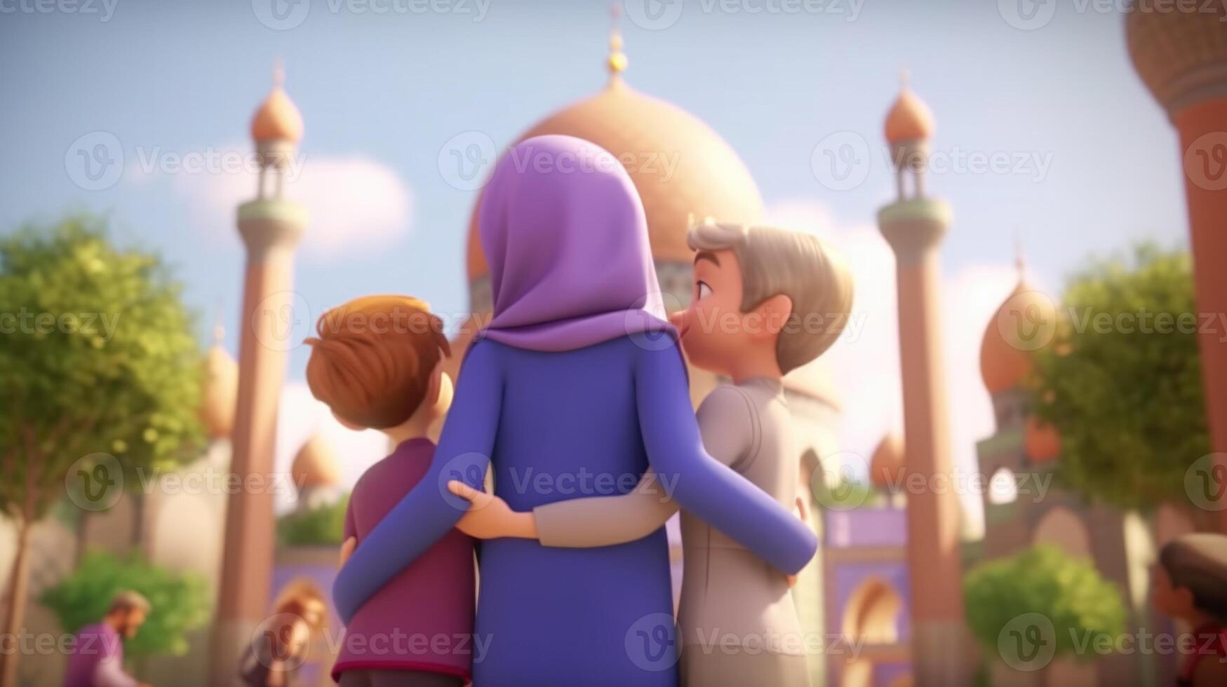 Rear View of Adorable Muslim Family Character Hugging And Wishing Each Other And Mosque on Nature Background. Eid Mubarak Concept, . photo