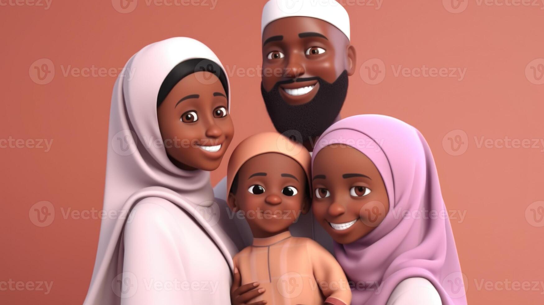 adorable disney estilo avatar de sonriente africano musulmán familia en abrazando actitud juntos. eid Mubarak concepto, generativo ai. foto