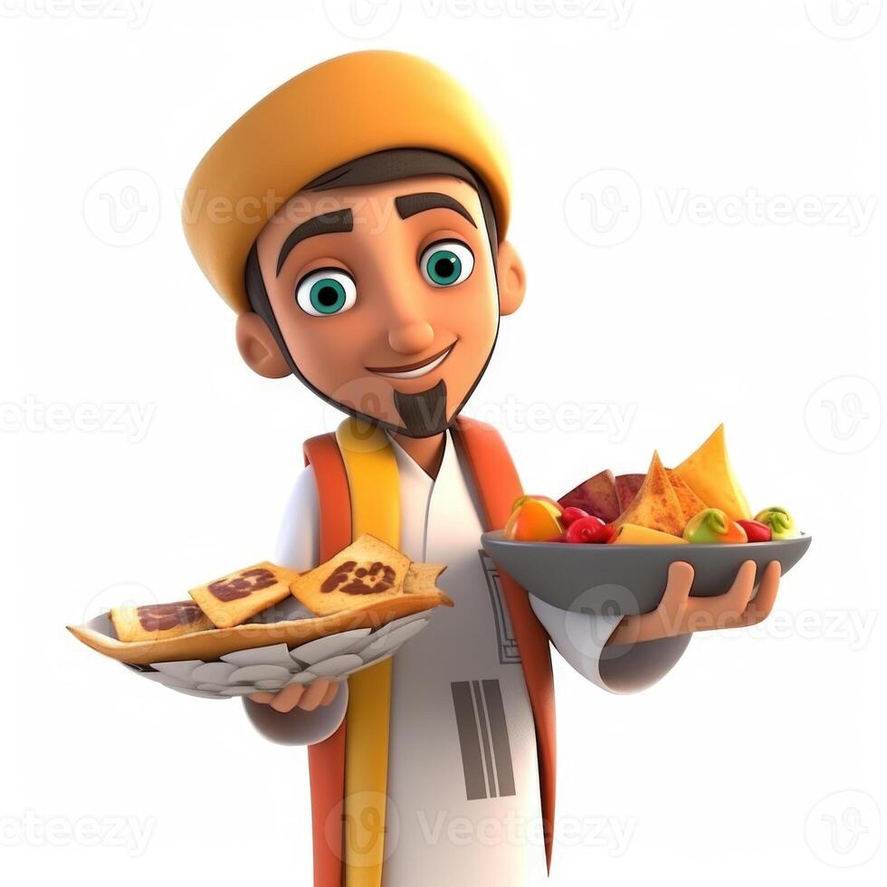 adorable dibujos animados avatar de musulmán hombre participación bandeja de tradicional alimento. eid Mubarak concepto, IA generativa digital ilustración. foto