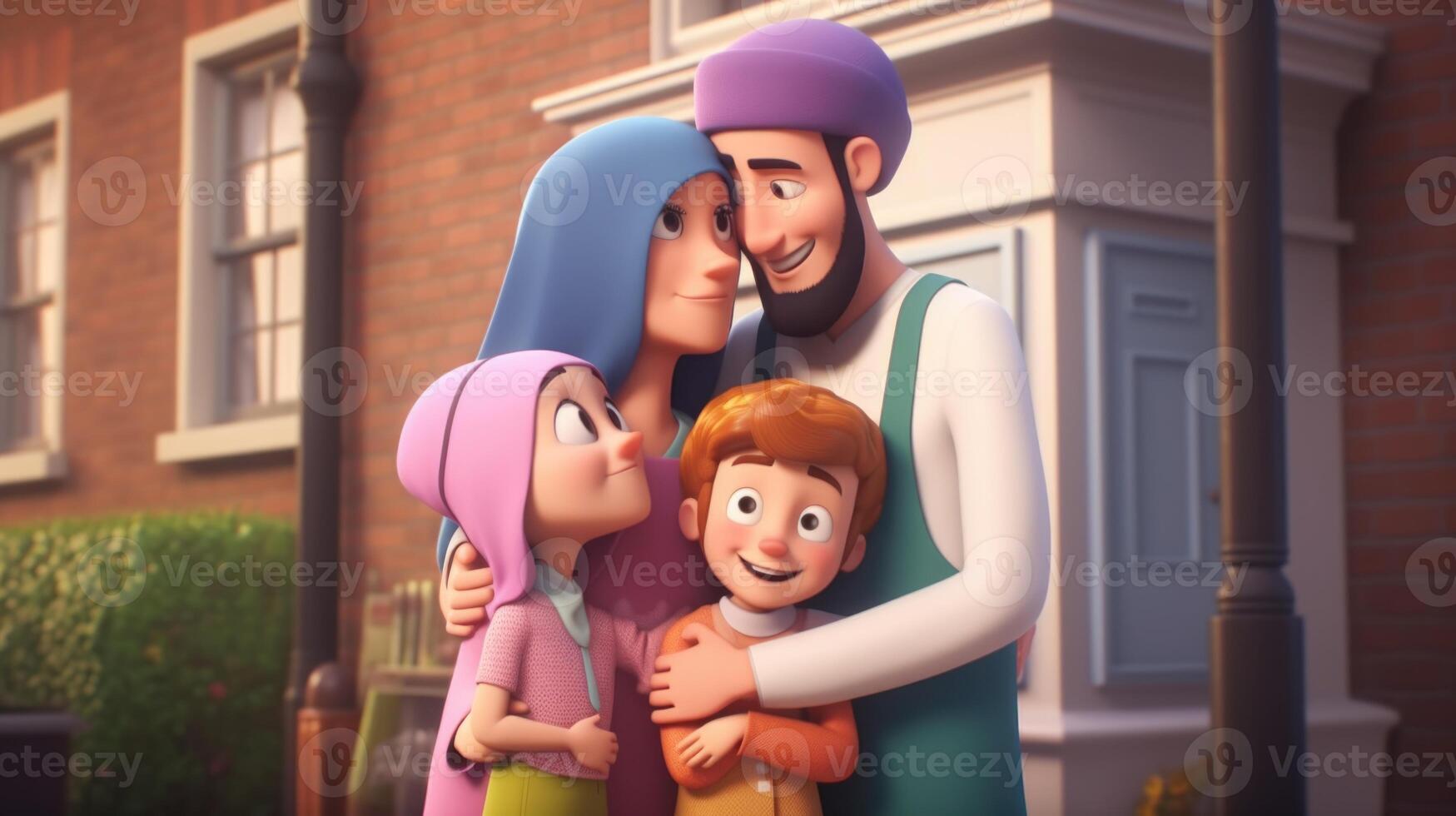 adorable disney estilo avatar de tradicional atuendo británico musulmán familia personaje juntos. eid Mubarak concepto, generativo ai. foto