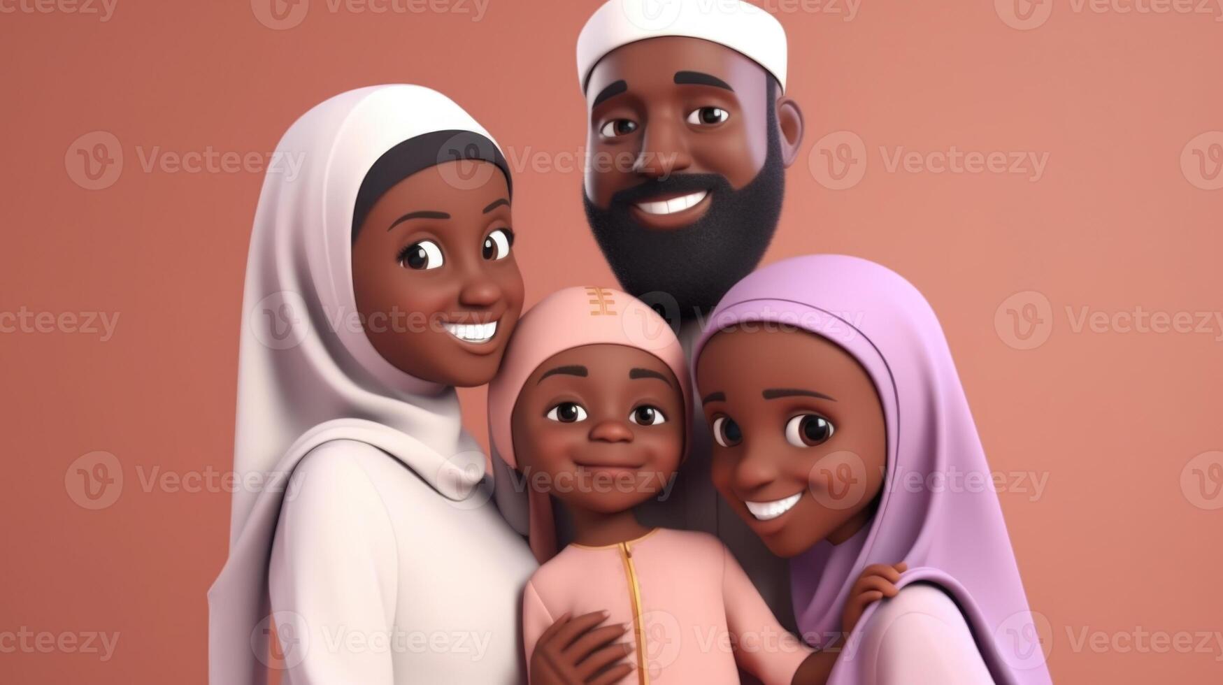 adorable disney estilo avatar de sonriente africano musulmán familia en abrazando actitud juntos. eid Mubarak concepto, generativo ai. foto