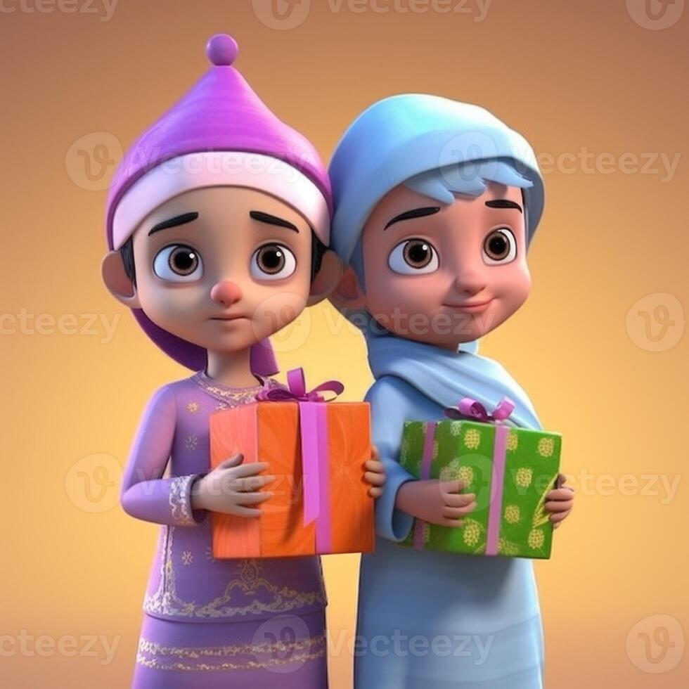 Adorable Cartoon Avatar of Muslim Kids Holding Gift Boxes. Eid Mubarak Concept, Generative-AI Digital Illustration. photo