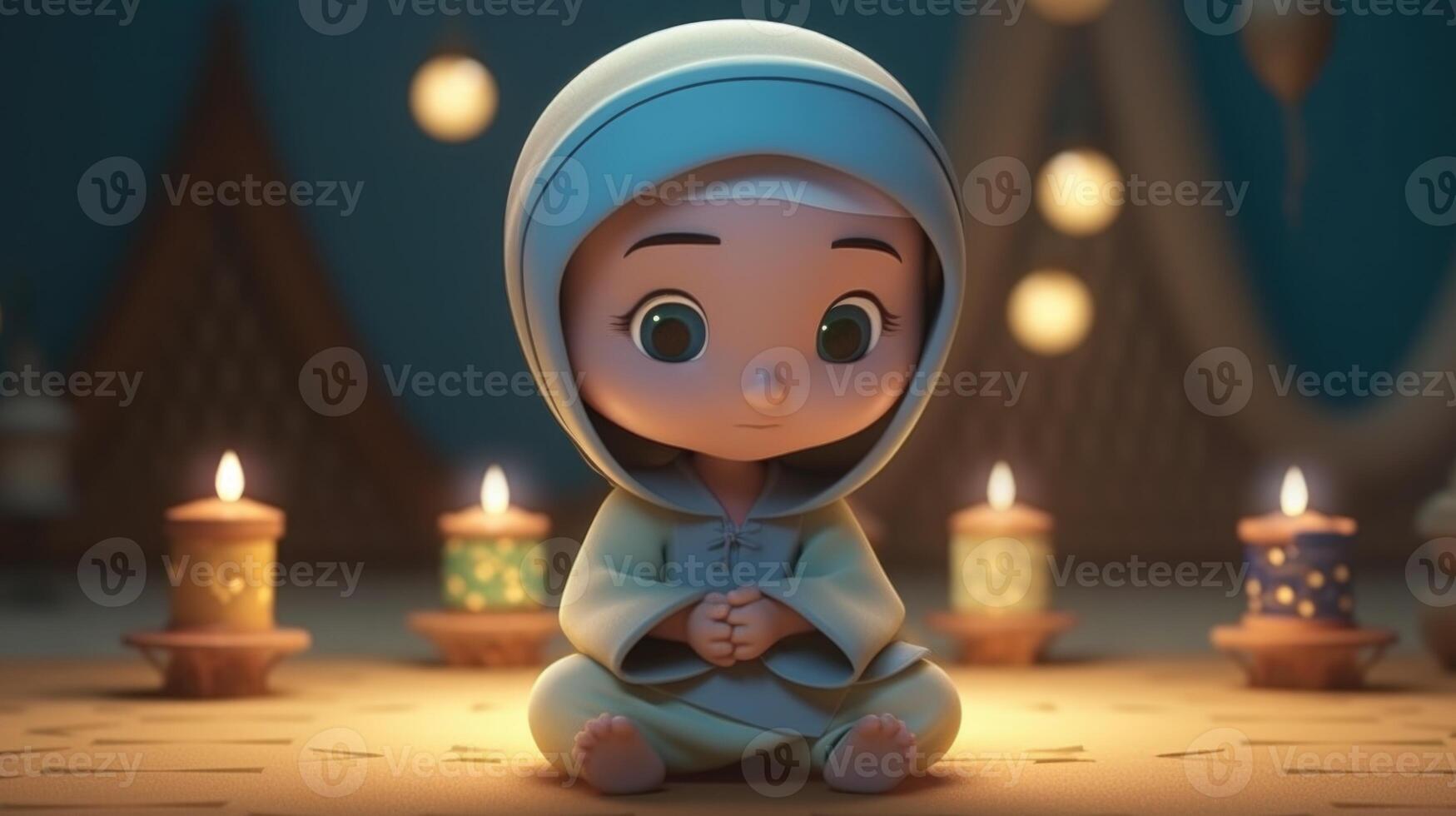 Disney Style, Adorable Muslim Kid Character And Illuminated Lamps On Background. Eid Mubarak Concept. . photo