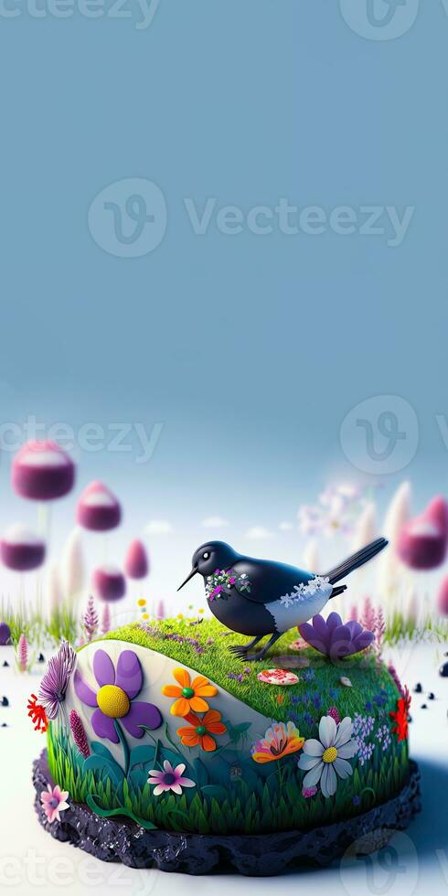 3D Render of Cute Bird Character Standing On Egg Shape Flower Landscape Against Blur Sky Blue Background And Copy Space. Easter Day Concept. photo