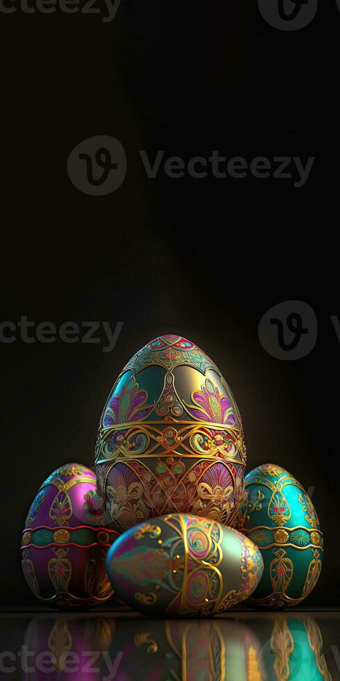 3D Render of Multicolor Floral Eggs On Reflection Shiny Dark Background And Copy Space. Happy Easter Concept. photo