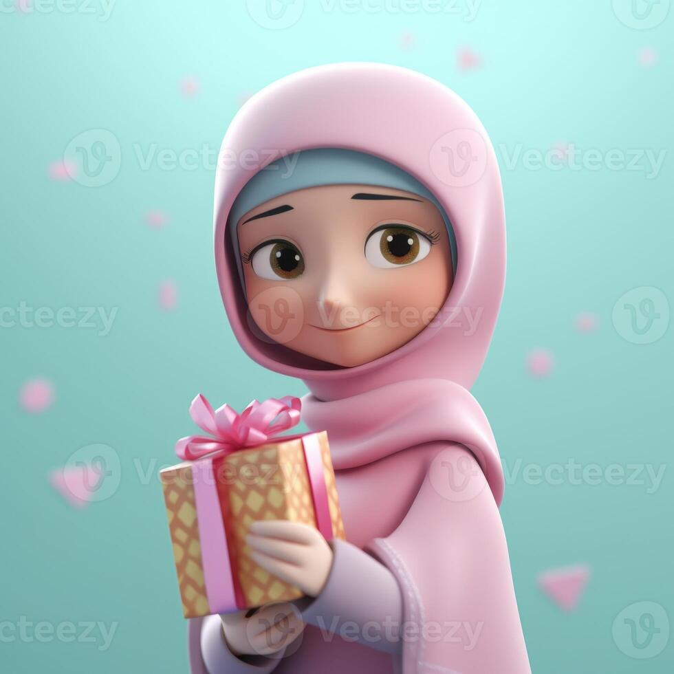 3D Render of Disney Style Beautiful Muslim Young Girl Wearing Hijab With A Gift Box. Eid Mubarak Concept. . photo