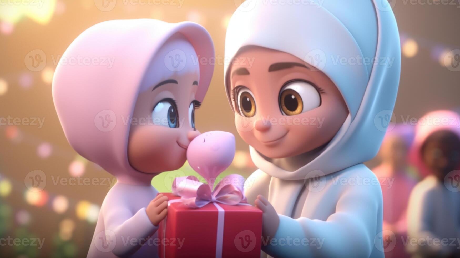 disney estilo, adorable musulmán hembra niños caracteres vistiendo hijab con sostener regalo caja, borroso antecedentes. eid Mubarak concepto. generativo ai. foto