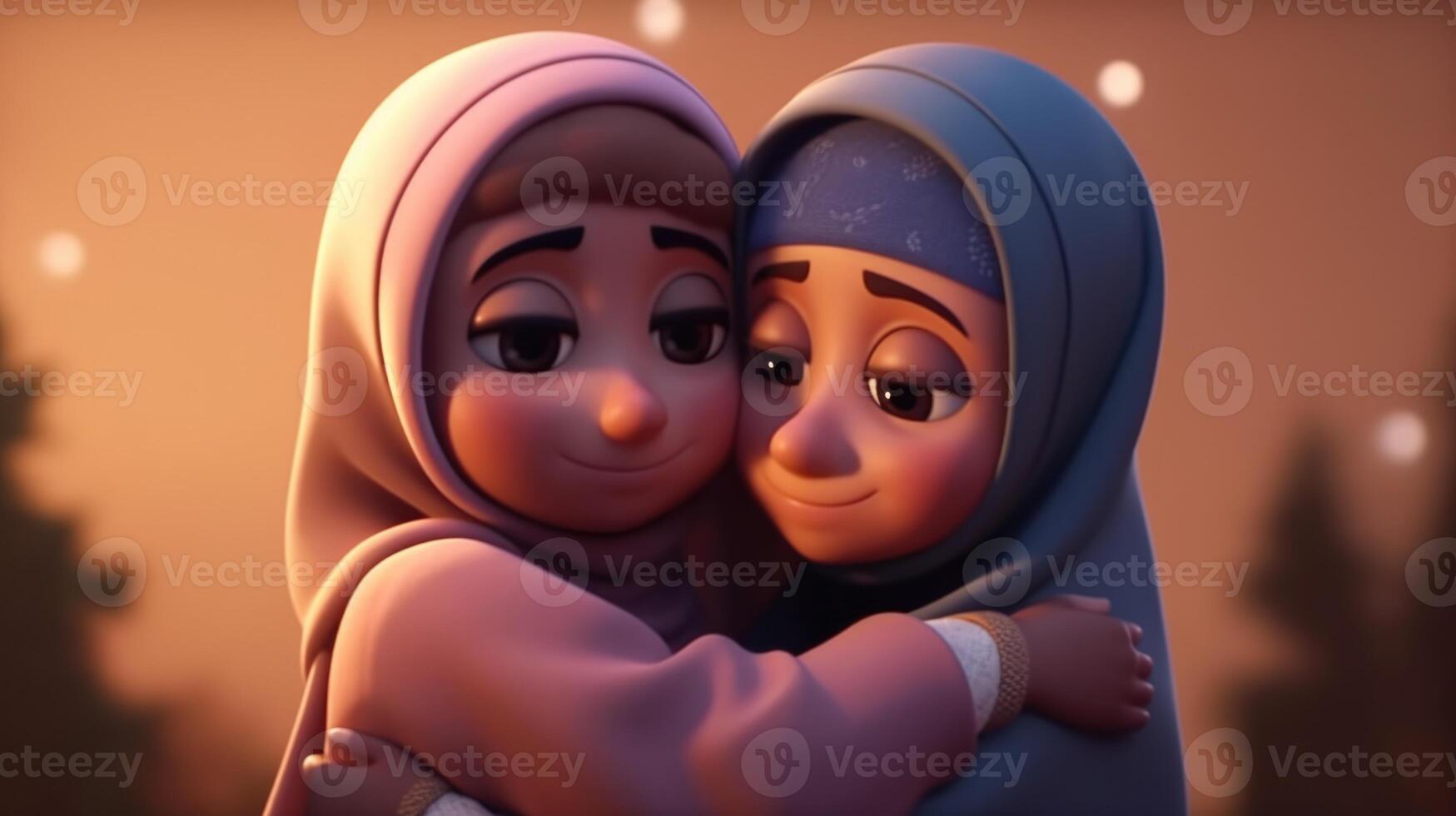 Adorable Cartoon Avatar of Muslim Girls Hugging And Wishing Each Other, Eid Mubarak Concept, Generative-AI Digital Illustration. photo