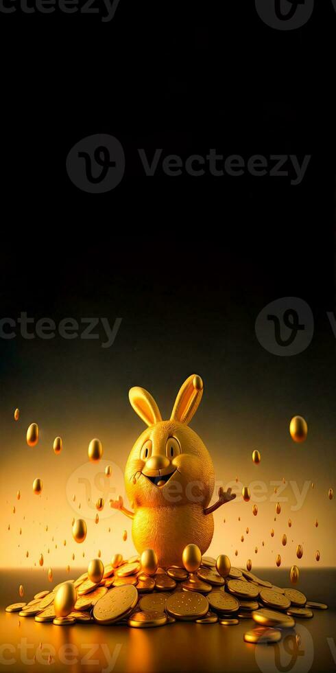 3D Render Of Cheerful Cute Golden Rabbit Character With Flying Gold Eggs And Coins And Copy Space. photo
