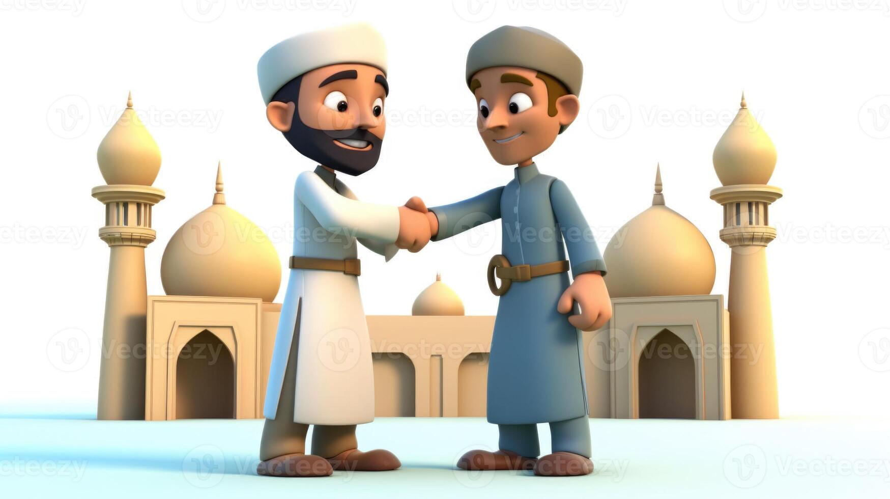 Adorable Cartoon Avatar of Muslim Men Shaking Hands, Golden Mosque On Background. Eid Mubarak Concept, Generative-AI Digital Illustration. photo