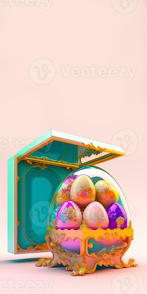 3D Render of Colorful Floral Eggs Inside Glassware, Open Box On Pastel Pink Background And Copy Space. Easter Concept. photo