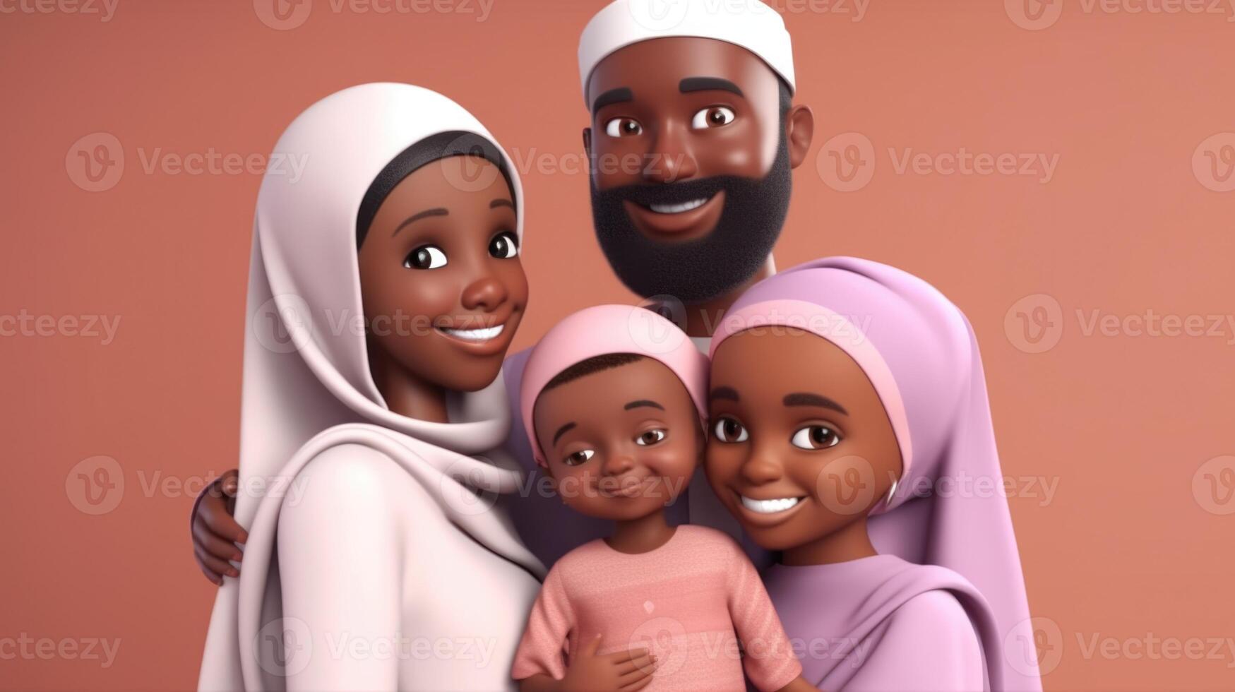 adorable disney estilo avatar de sonriente africano musulmán familia en abrazando actitud juntos. eid Mubarak concepto, generativo ai. foto