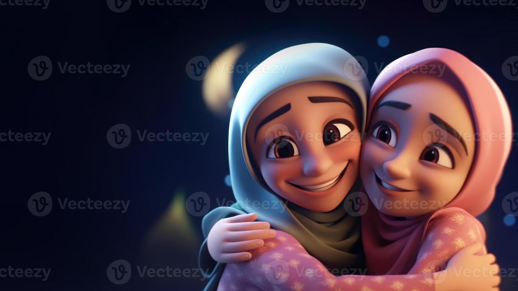 linda musulmán niña personaje abrazando y deseando cada otro en eid Mubarak concepto. generativo ai. foto