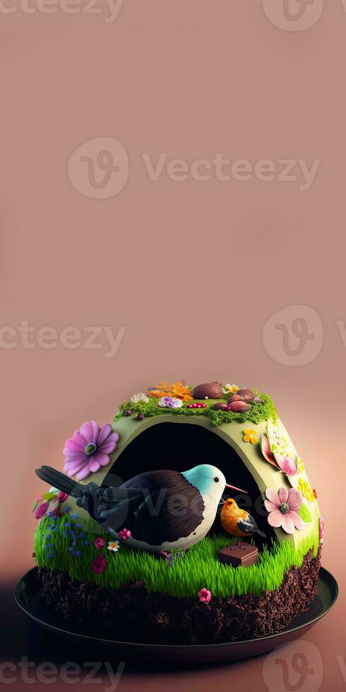 3D Render Of Cute Birds Character Against Egg Shape Flower Landscape On Pastel Pink Background And Copy Space. Easter Concept. photo