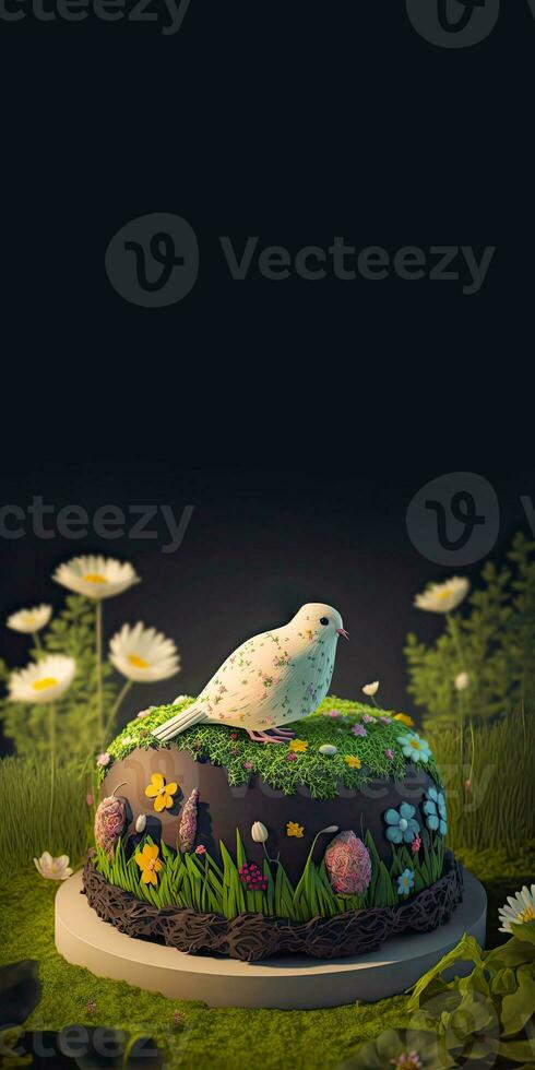 3D Render of Cute Bird Character Sitting On Night Flower Circle Landscape And Copy Space. photo