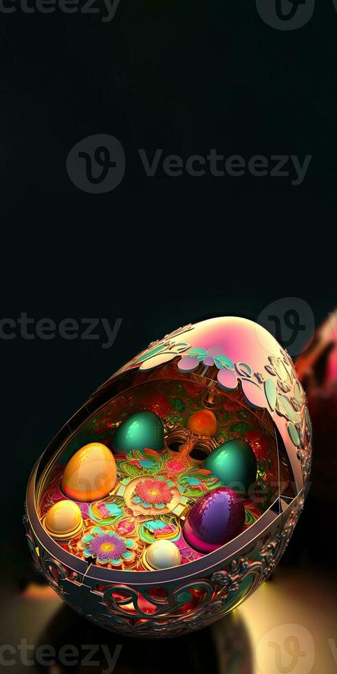 3D Render of Glowing Floral Egg Stand And Copy Space. Easter Concept. photo