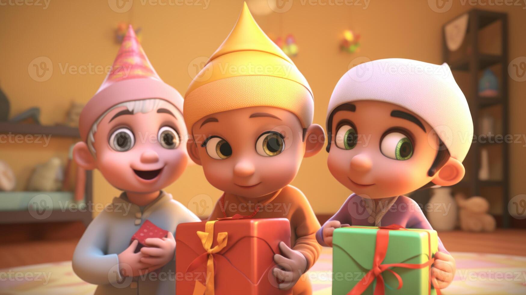 Adorable Disney Style Avatar of Muslim Kids Holding Gift Boxes. Eid Mubarak Concept, . photo