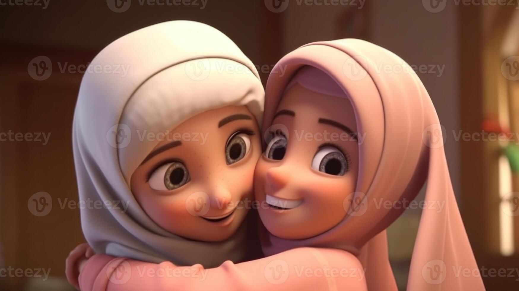 Adorable Cartoon Avatar of Muslim Girls Hugging Together. Eid Mubarak Concept, Generative-AI Digital Illustration. photo