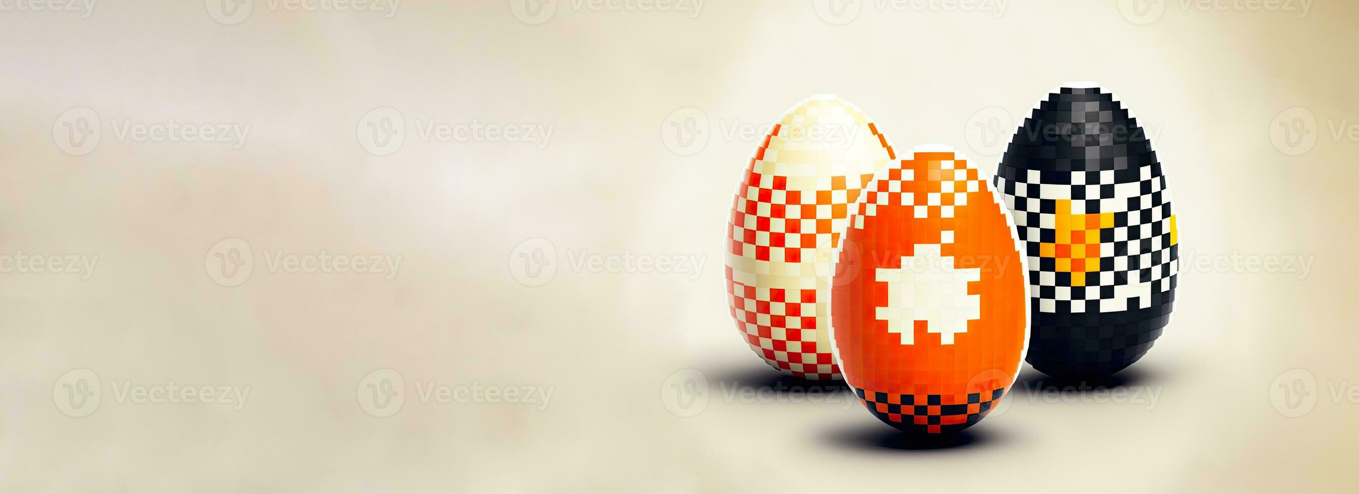 Pixel Style Colorful Eggs On Golden Background And Copy Space. Easter Concept. photo