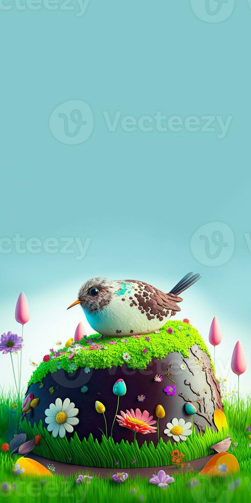 3D Render of Cute Bird Character Sitting On Egg Shape Flower Landscape And Copy Space. Easter Day Concept. photo