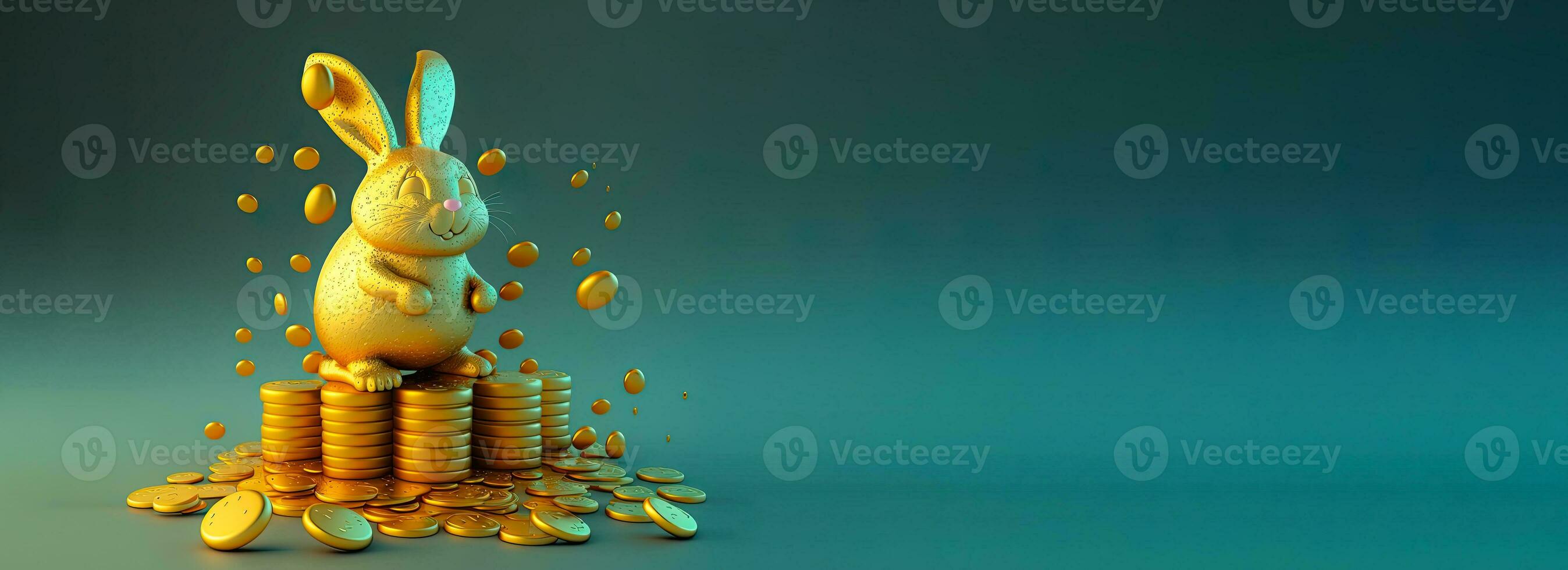 3D Render Of Cute Golden Rabbit or Bunny Character Standing On Gold Coins Stack Against Shiny Teal Background. photo