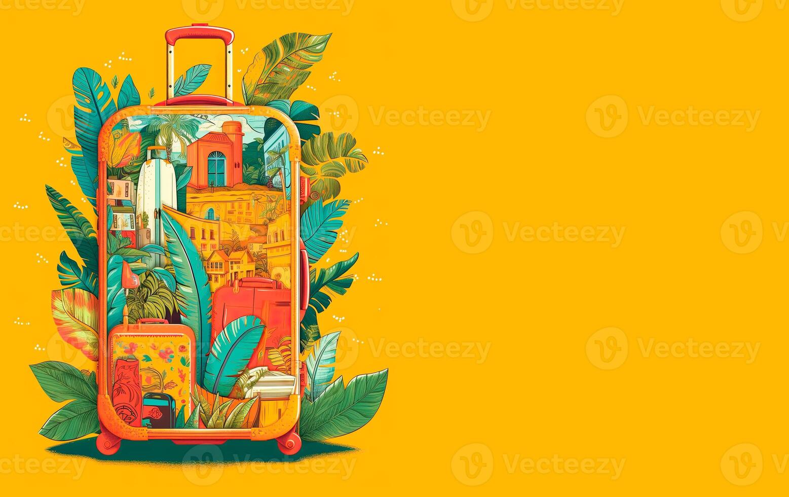 Decorated Suitcase adorned with Tropical landmarks isolated on yellow background. Copy space. photo