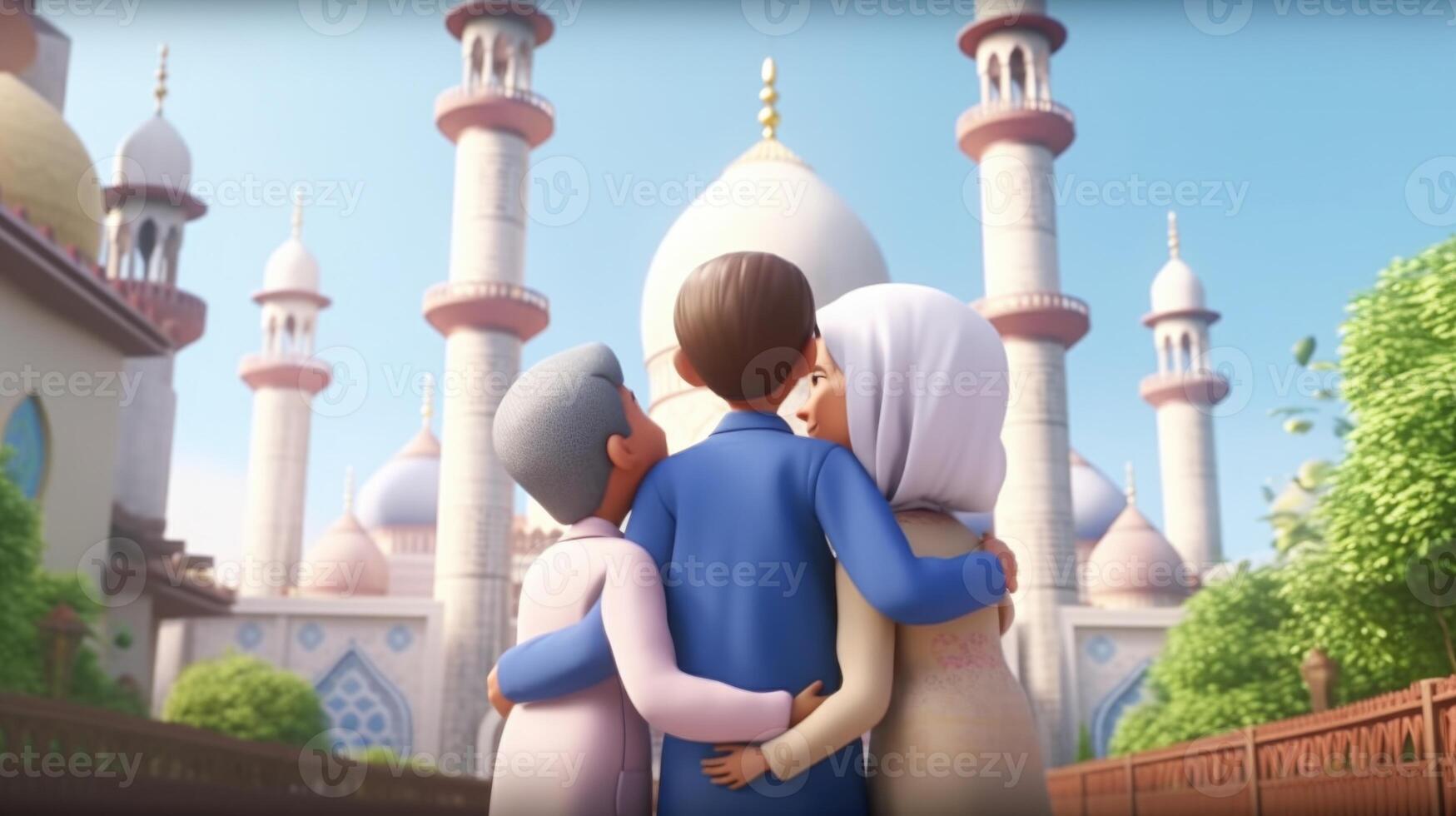 Rear View of Adorable Muslim Family Character Hugging And Wishing Each Other And Mosque, Nature on Background. Eid Mubarak Concept, . photo