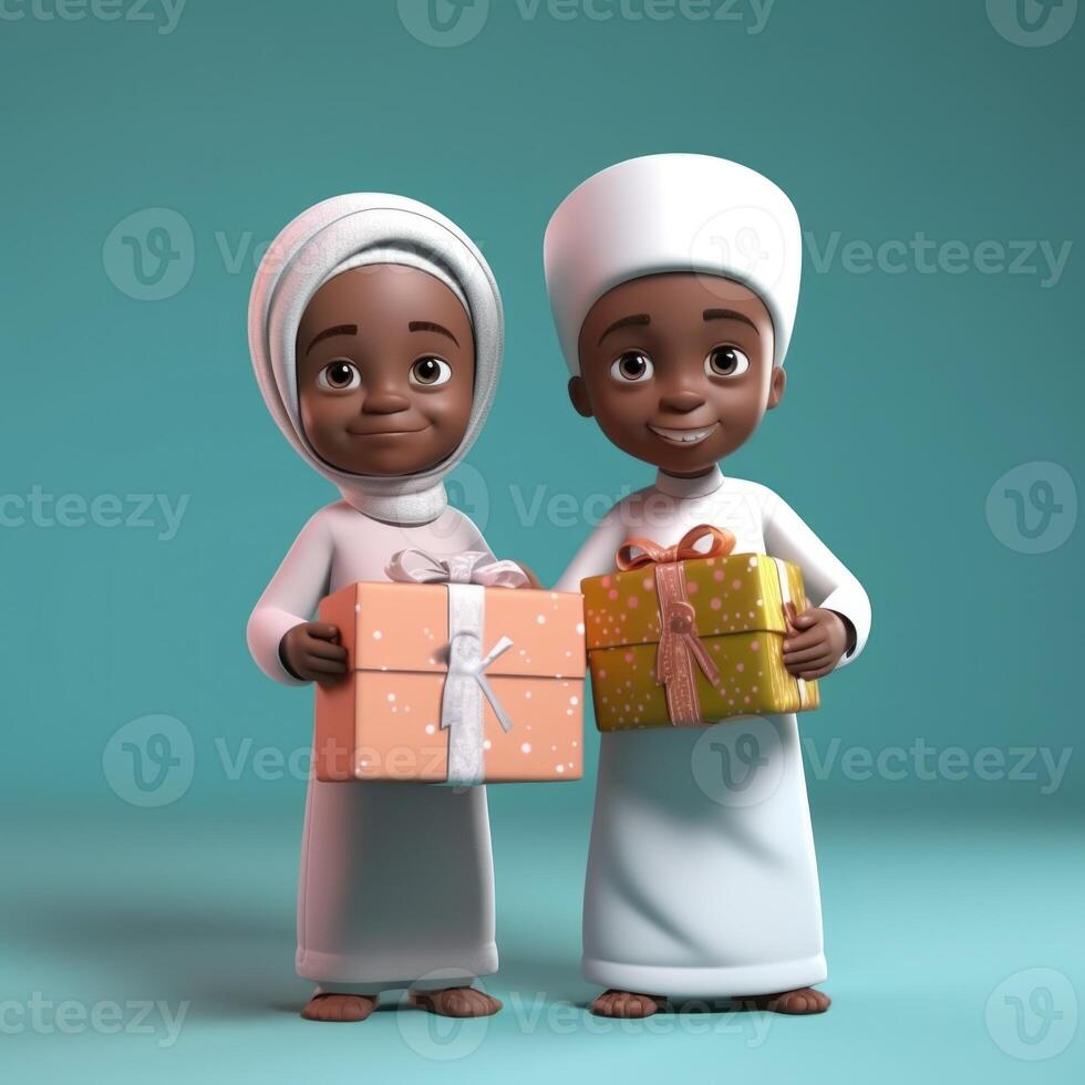 adorable disney estilo dibujos animados de tradicional africano musulmán niños caracteres participación regalo caja. eid Mubarak concepto, generativo ai. foto