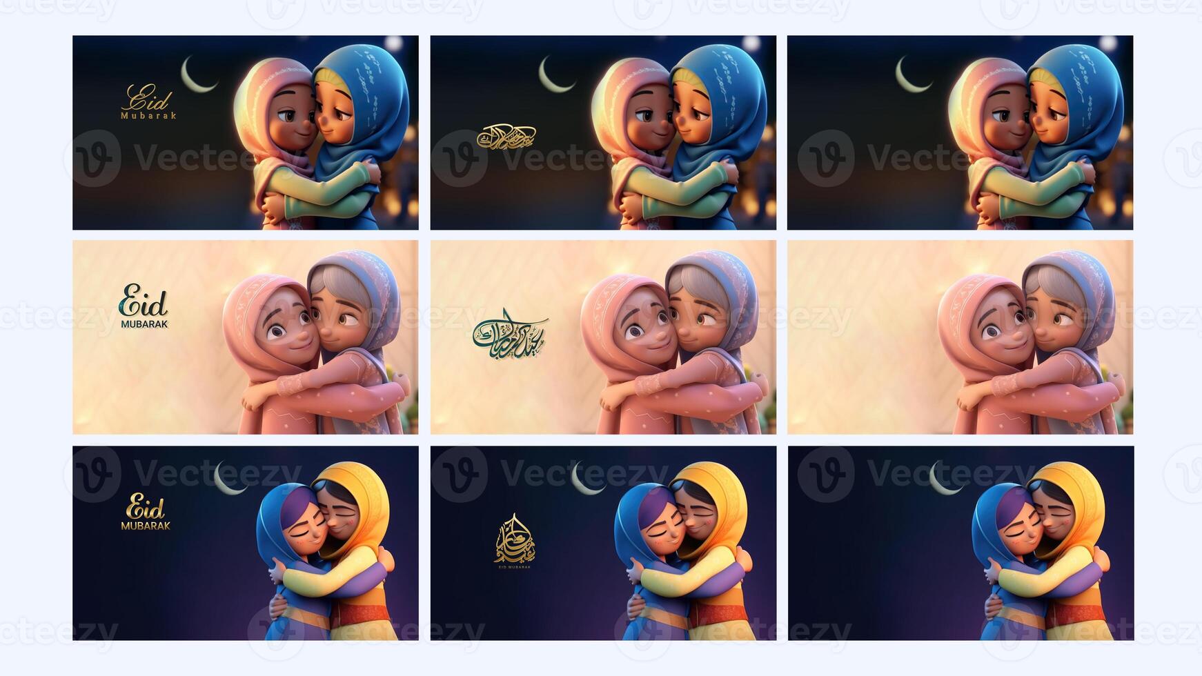 Set of Eid Mubarak Banner Design with Cute Muslim Girl Character Hugging Together. photo