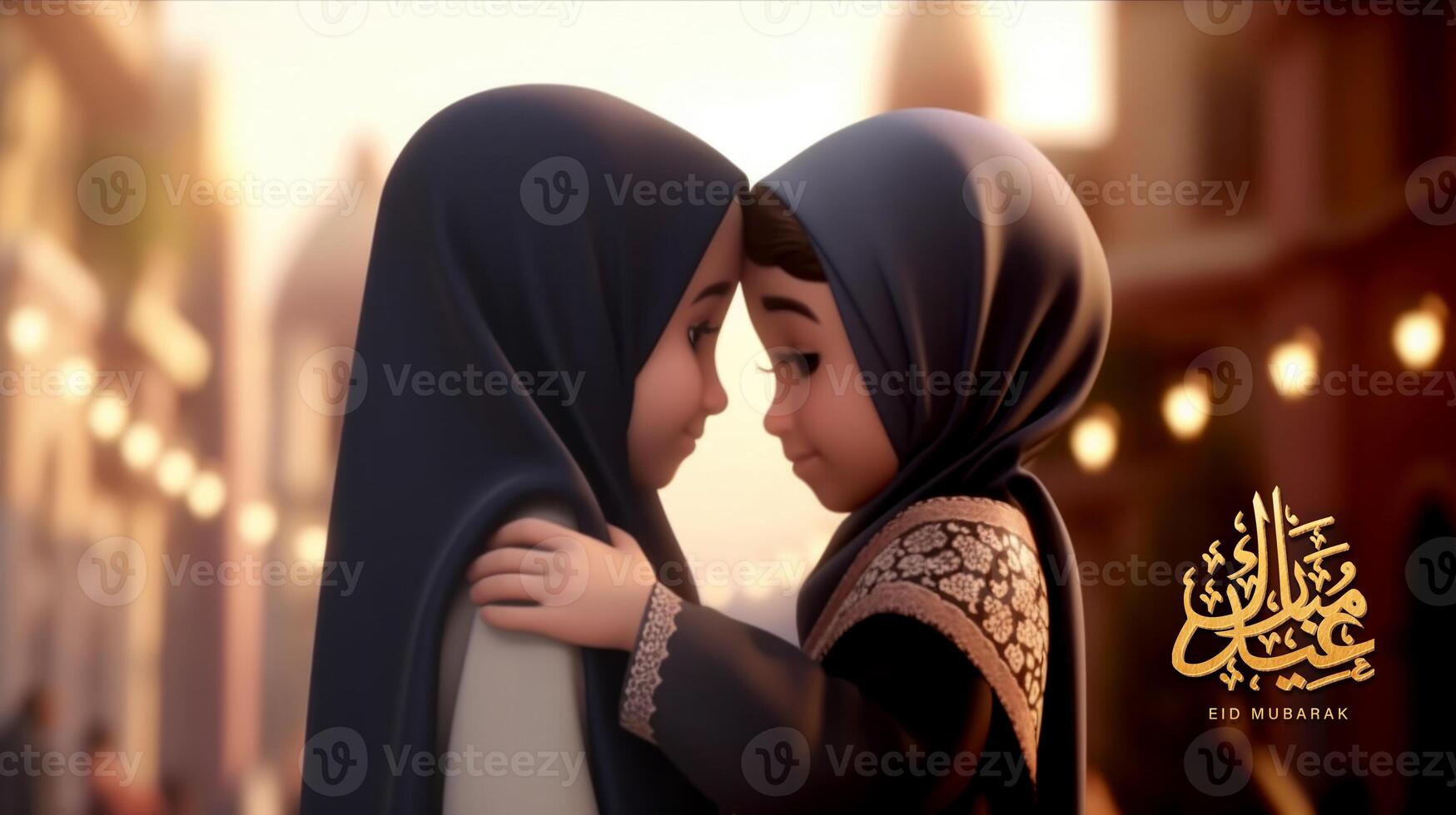 adorable disney estilo avatar de árabe muchachas abrazando y deseando cada otro para eid Mubarak concepto, generativo ai. foto