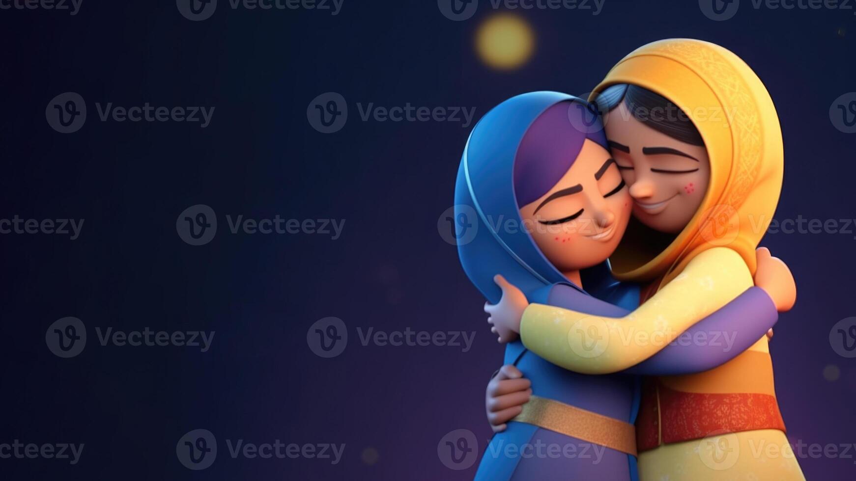 Cute Muslim Girl Character Hugging and Wishing Each Other on Eid Mubarak Concept. . photo