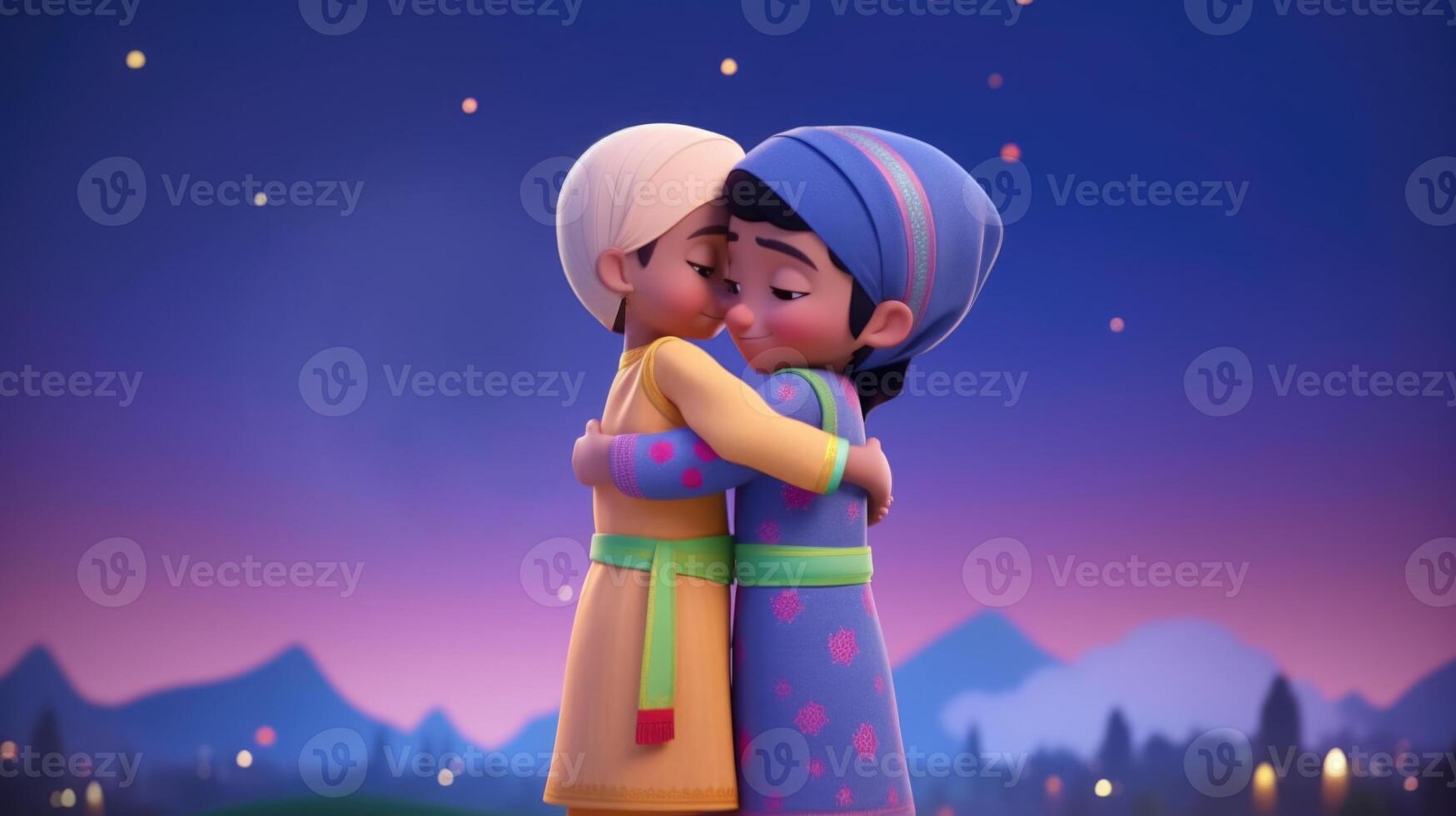 Cute Muslim Boys Character Hugging and Wishing Each Other On Eid Mubarak Concept. photo