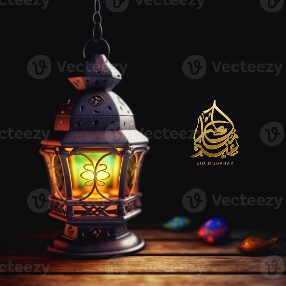 Eid Mubarak Greeting Card Or Poster Design With Illuminated Ethnic Lamps and Clay Models. . photo