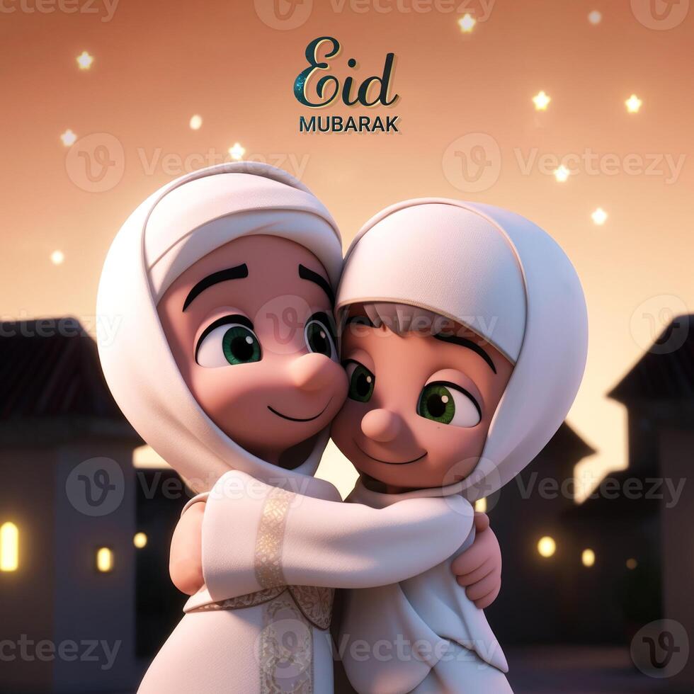 Eid Mubarak Poster or Card Design with Cute Muslim Kids Character Hugging Together. photo