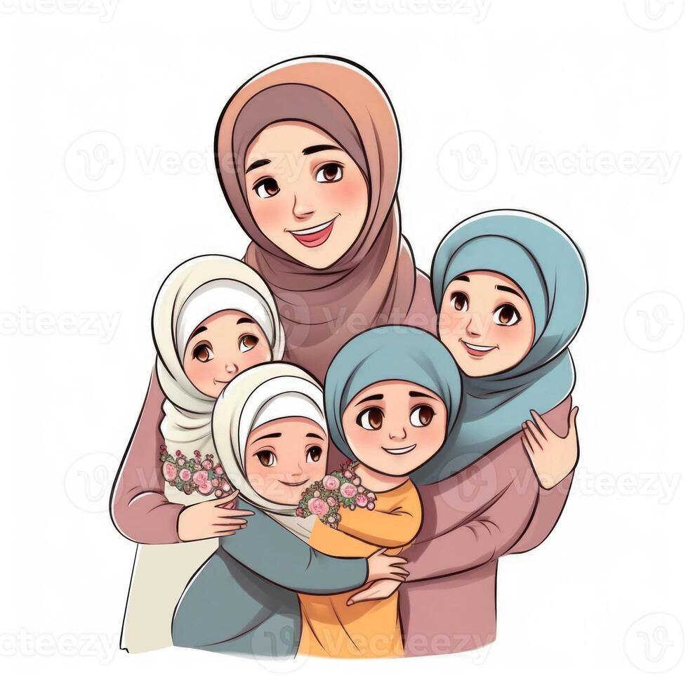 Adorable Cartoon Avatar of Muslim Girls Hugging and Wishing Each Other, Eid Mubarak Concept. photo