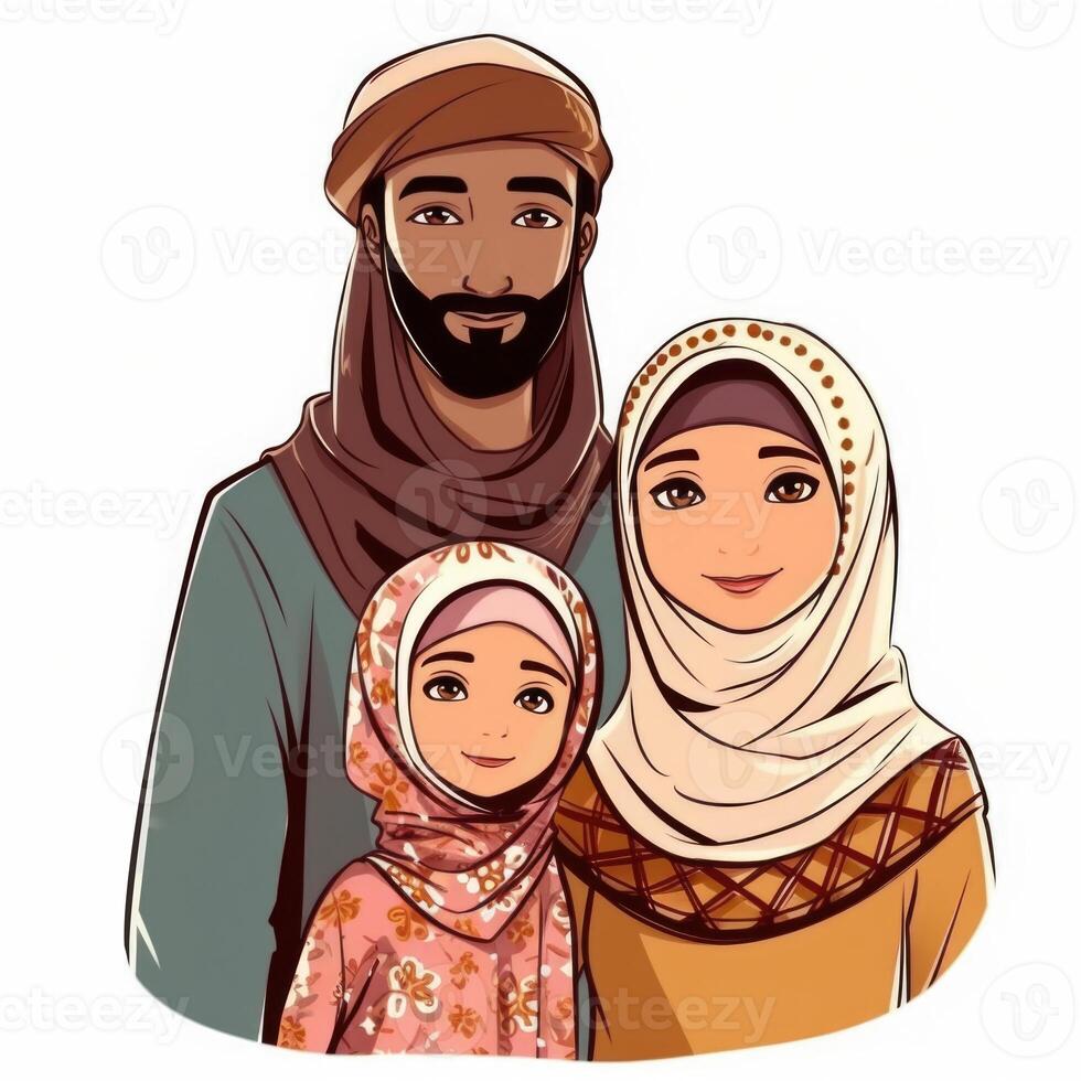 Adorable Cartoon Avatar of Traditional Attire Arabian Family Together, Eid Mubarak Concept. photo