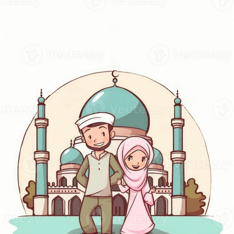 Adorable Cartoon Avatar of Cheerful Muslim Couple and Mosque on Background, Eid Mubarak Concept. photo