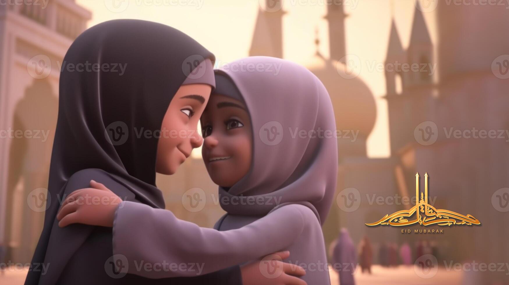 adorable disney estilo avatar de árabe muchachas abrazando y deseando cada otro, borroso mezquita para eid Mubarak concepto, generativo ai. foto