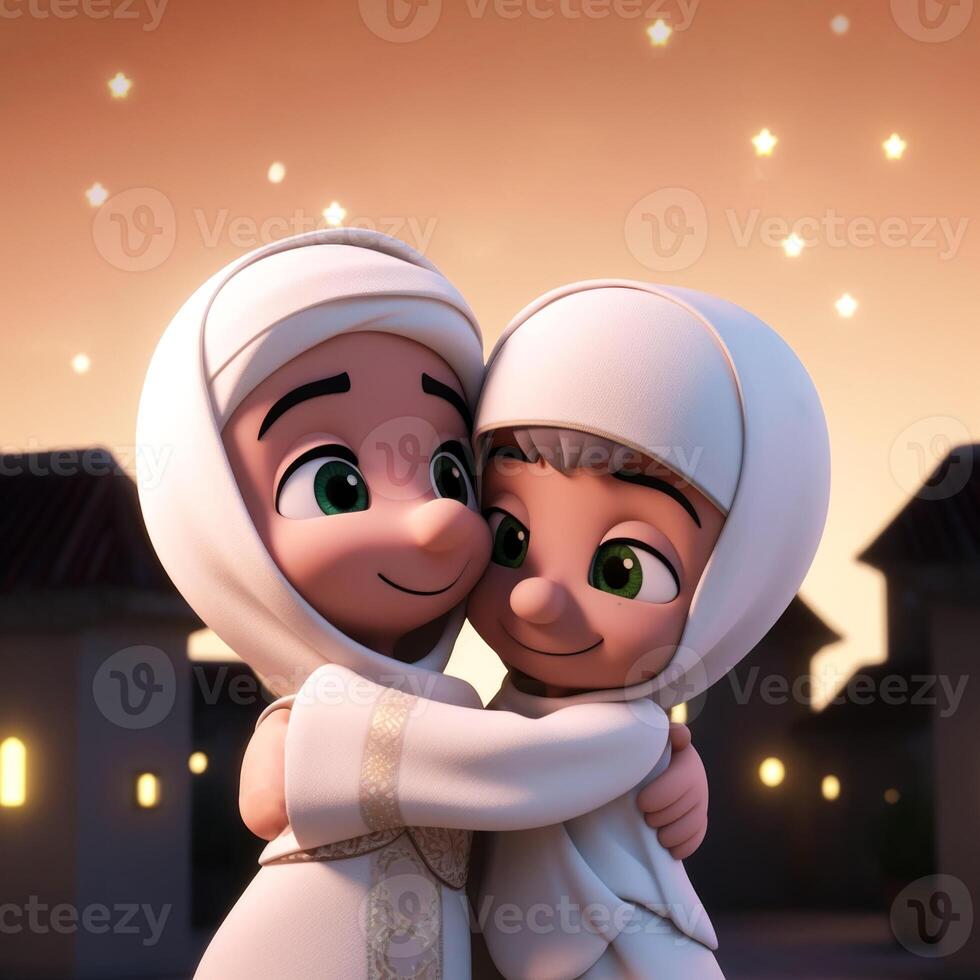 disney estilo linda musulmán niños personaje abrazando y deseando cada otro, paisaje urbano edificio en brillante antecedentes. eid Mubarak concepto, generativo ai. foto